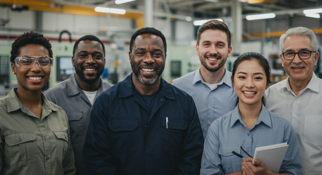 show a group of people from different functions in a manufacturing company coming together and looking smiley and happy and supportive of each other