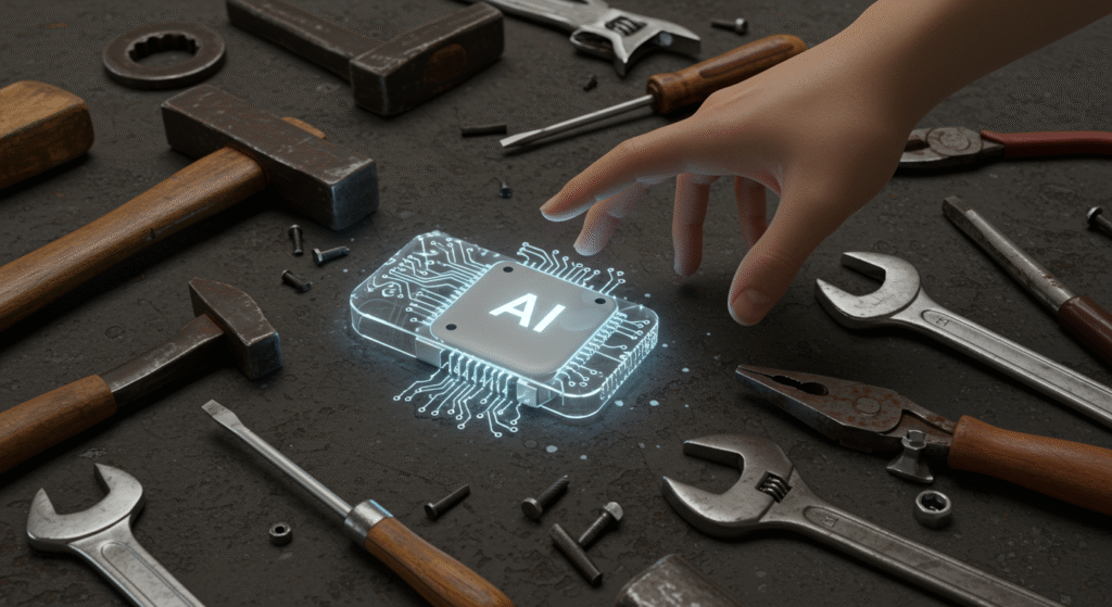 set of tools on the ground, hand reaching out for the AI tool