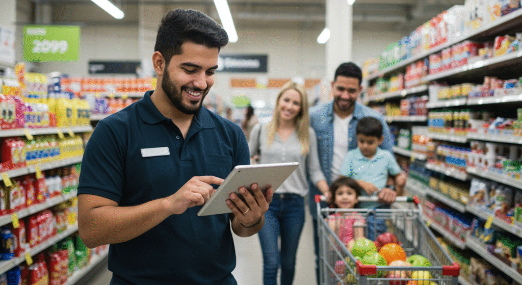 show someone working in a retail store using a merchandising plan on a ipad, surrounded by a happy family of shoppers