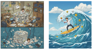 do a before and after shot of someone overloaded with data and the after shot of someone surfing on the data, make it humorous