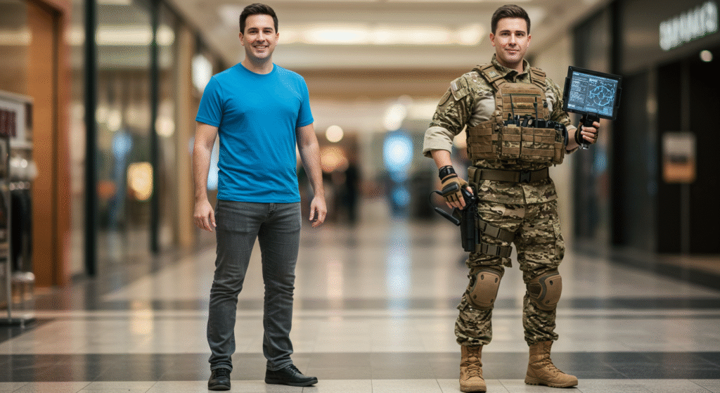 Illustrate a Customer turning from normal outfit into military fatigues to signify them changing from being on a shopping trip to a customer mission to solve a problem